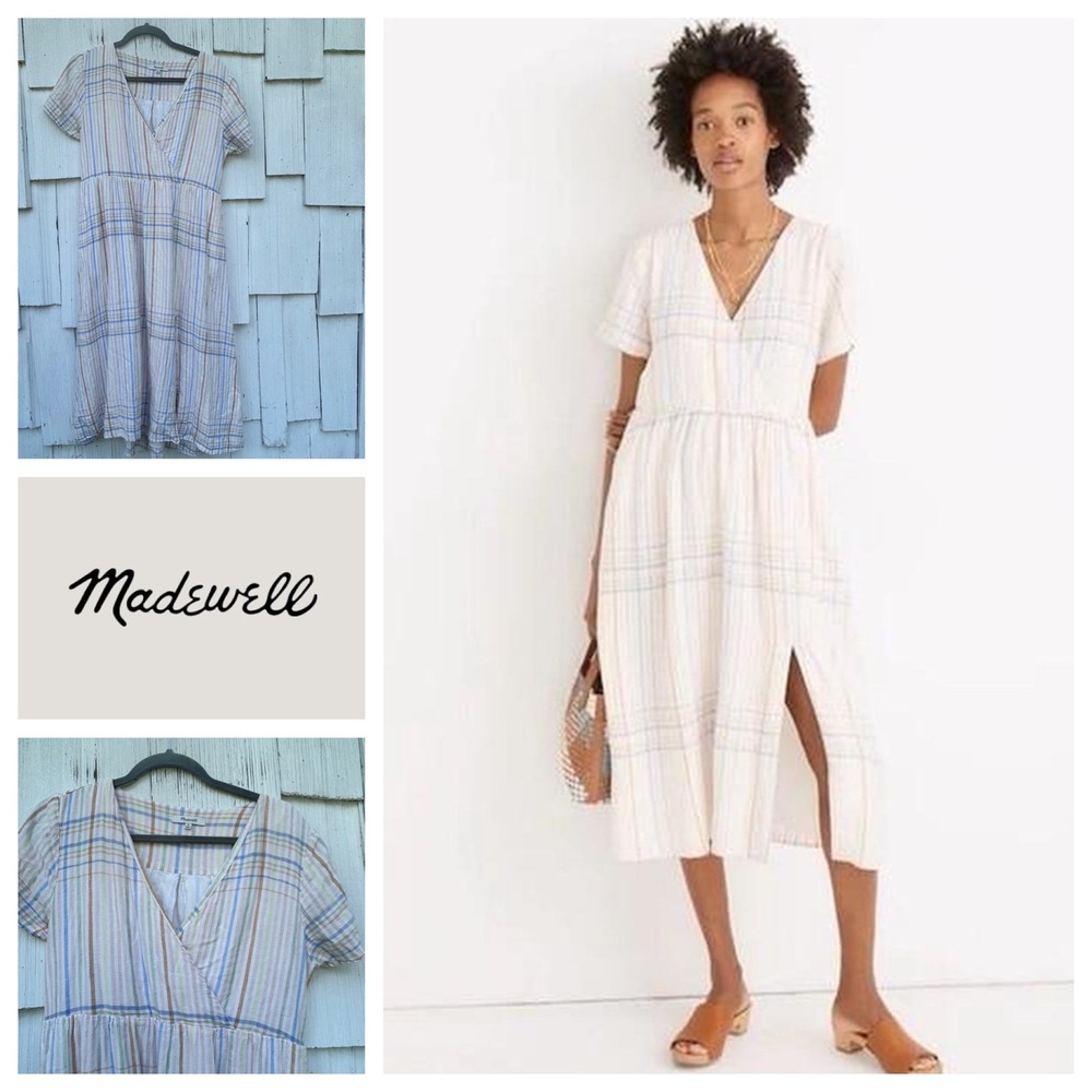 Madewell Clara Midi Dress Pastel Plaid Linen Blend Faux Wrap V-Neck Pockets M